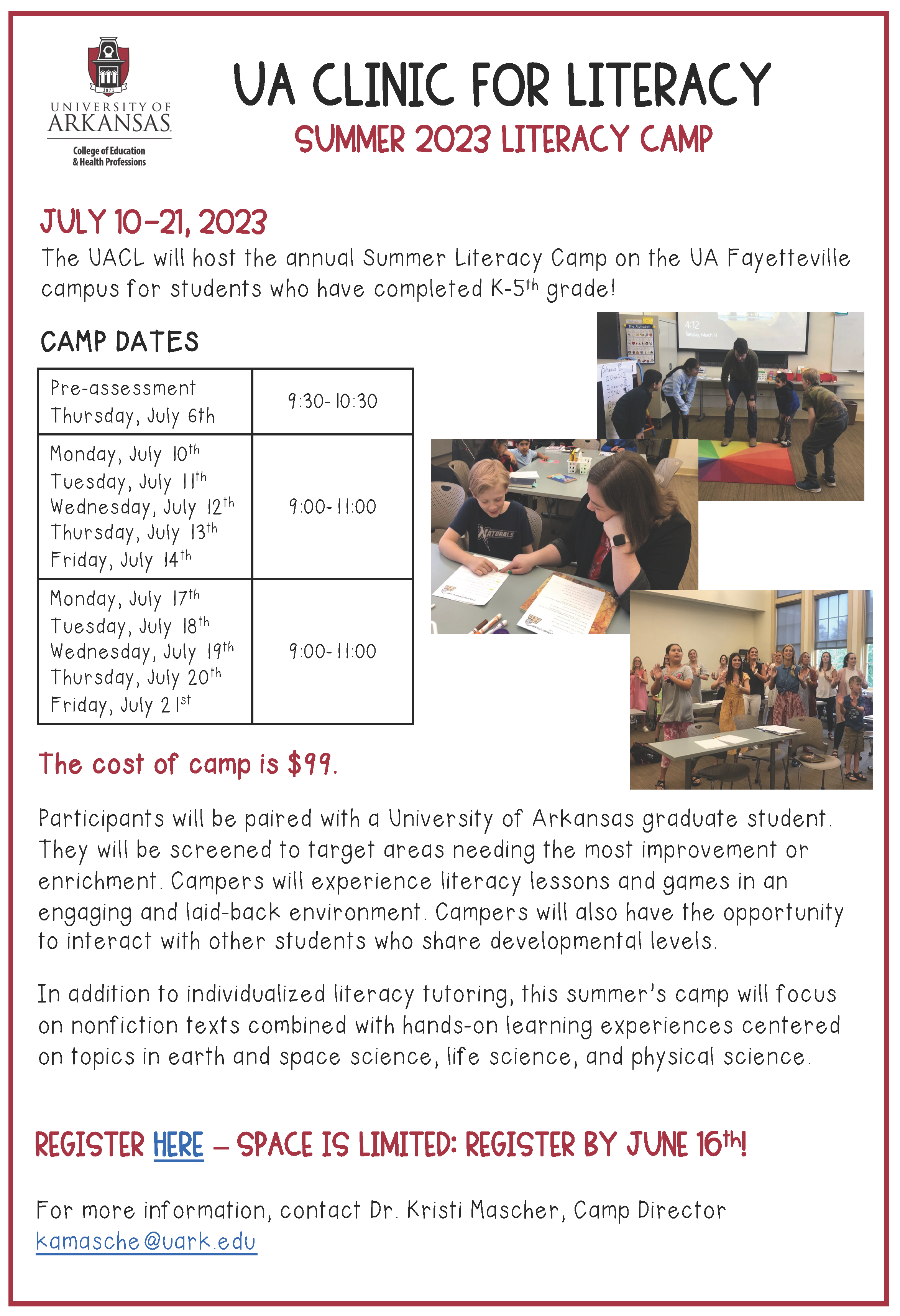 Page 2 of Summer 2023 Literacy Camp flyer